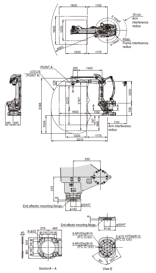 Exterior dimensions and operating envelope LP130F